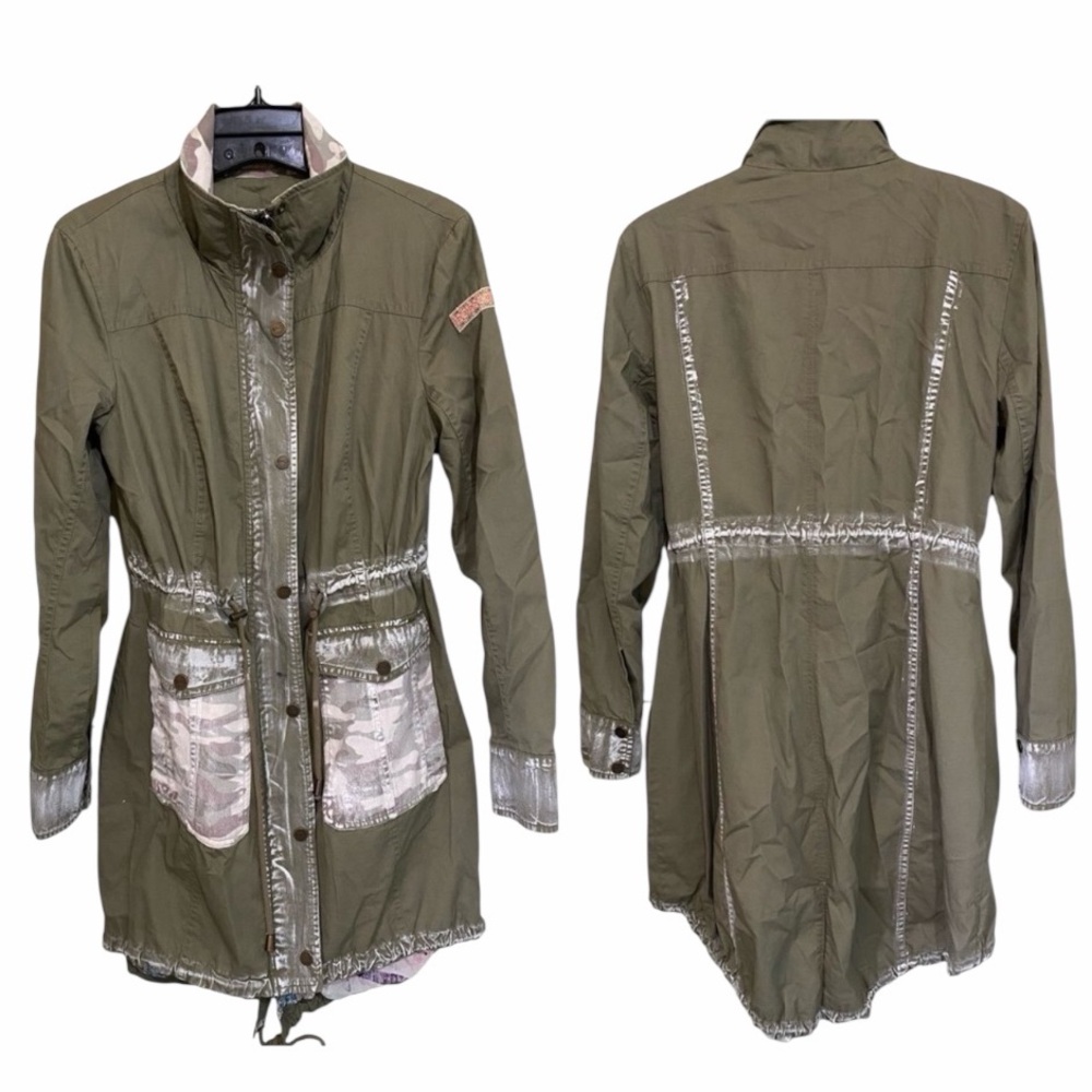 Anthropologie Olive Green Chore Utility Jacket Funnel Neck Oversized Fit SZ XS-M